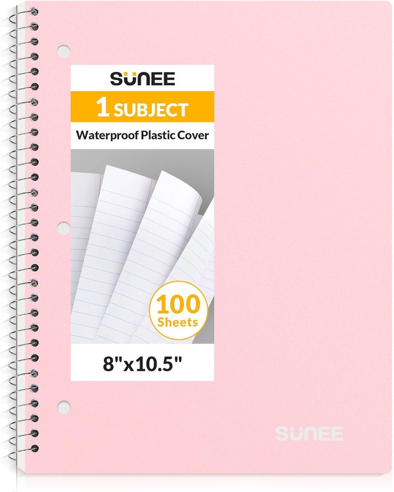SUNEE دفتر ملاحظات حلزوني، 1 مادة، ورق مسطر عريض، 8" × 10-1/2"، 100 ورقة لكل دفتر، ورق مثقوب بثلاثة ثقوب، غلاف مقاوم للماء، جيوب مزدوجة الجوانب، دفاتر مسطرة حلزونية للمدرسة، وردي - Image 1
